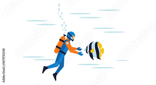 Diver Interacting With A Fish Underwater In A Blue And Orange Modern Flat Style