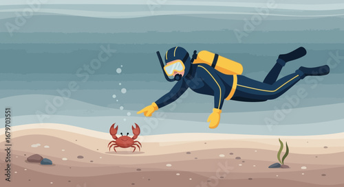 Diver interacting with a crab underwater in a flat illustration sea environment