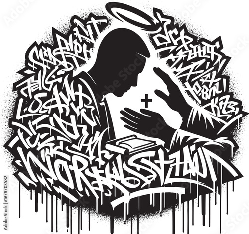 Vector Illustration of a Priest with a Graffiti Art Style, Symbolizing Faith and Religion