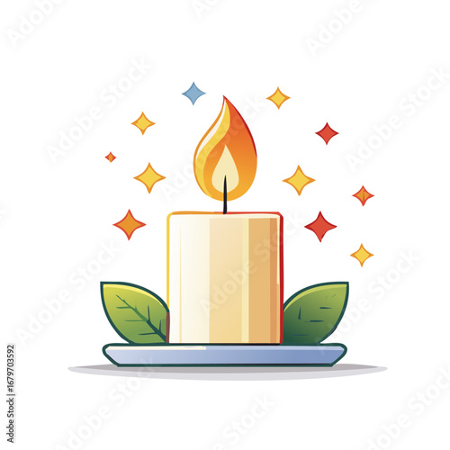 Burning Candlelight with Starry Aura and Leaves Illustration Decorative Element