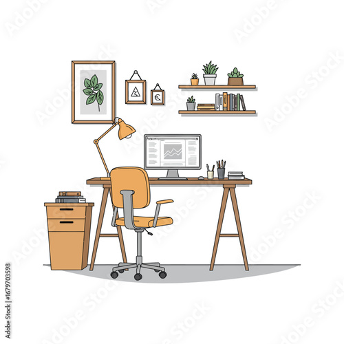 Vector cartoon illustration of a man working at a home office desk with a laptop and lamp