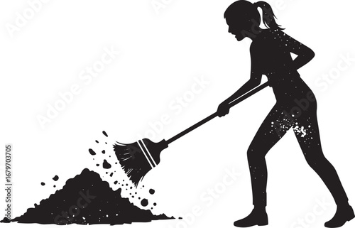 Silhouette of determined woman sweeping a pile, symbolizing clea