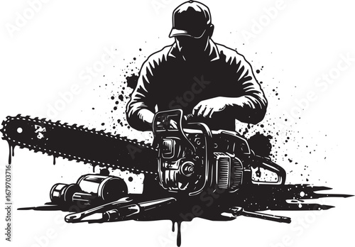 Monochrome depiction of a logger repairing a chainsaw with vario