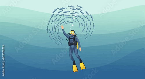 Diver Interacting With A Swarm Of Fish Undersea In An Aquatic Environment