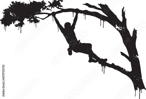 Silhouette of a man climbing a tree branch reaching new heights