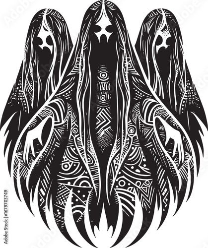 Intricate Black and White Artistic Illustration of Abstract, Ghostly Figures in a Row