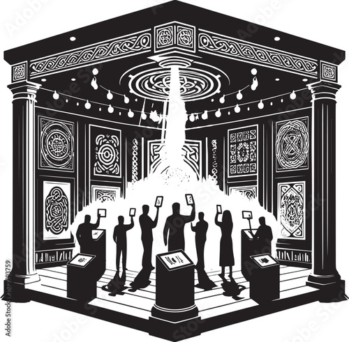 Art Gallery Exhibition: Visitors Viewing Exhibits with Tablets and Illuminated Centerpiece Design