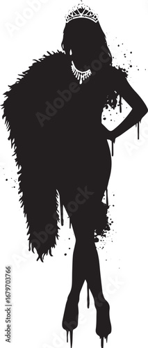 Glamorous silhouette of a woman adorned with jewels and a fluffy