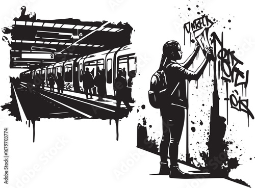 Monochromatic street art: depicting urban life and graffiti arti