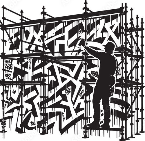 Silhouette of Graffiti Artist Spraying on Scaffolding, Urban Art, Black and White Illustration