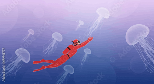 Diver Interacting With Bioluminescent Sea Creatures In An Underwater Exploration