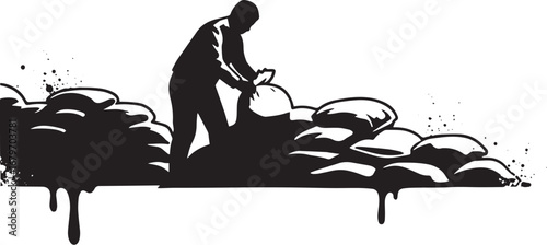 Monochrome silhouette of an individual handling sandbags, black