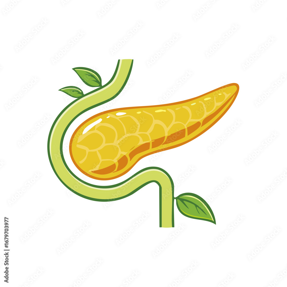 Naklejka premium Pancreas with Plant Stem and Leaves Illustration Depicting Health and Growth