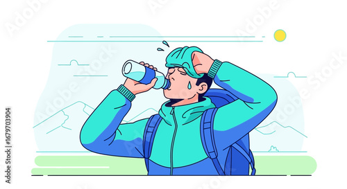 Dehydrated Hiker Refreshing Himself With Water Bottle On A Sunny Day Adventure