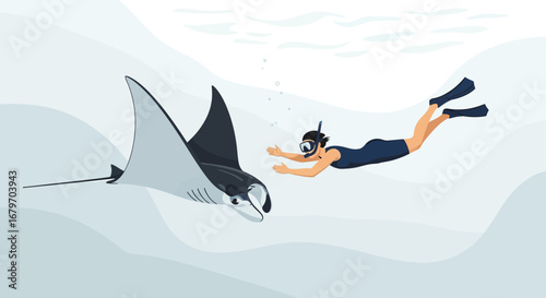 Diver Interacting With Manta Ray While Snorkeling In The Ocean Environment Beautiful Illustration