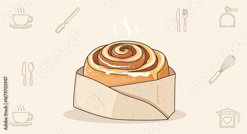 Delectable Cinnamon Roll Illustration, Served Fresh with Additional Kitchen Utensils