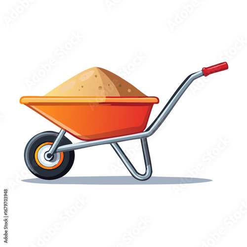 Illustration of a vibrant orange wheelbarrow filled to the brim with pile of sand, ready for gardening or construction tasks