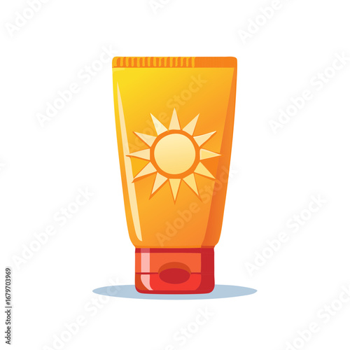 Orange sun protection tube with a sun logo and red cap