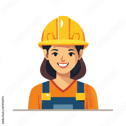 Smiling female construction worker in safety hat wearing orange shirt and blue overalls