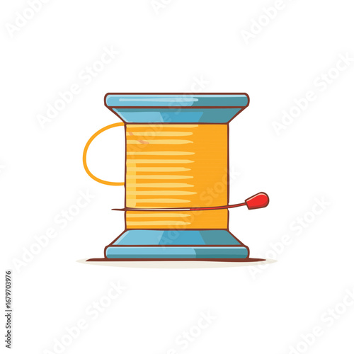 Bright yellow thread spool with a sewing needle colorful illustration