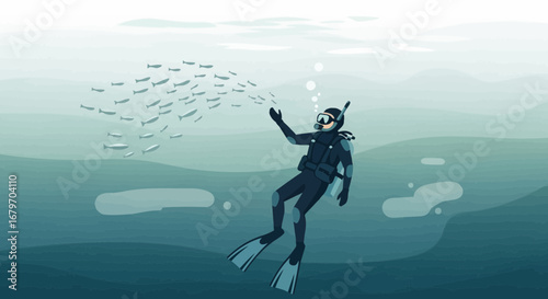 Diver Interacting With School Of Fish In Ocean Exploring Underwater World Illustration