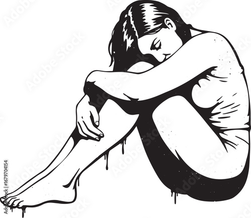 Monochrome illustration of a contemplative woman in a seated pos