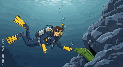 Diver Interacting With Underwater Life: A Friendly Encounter In The Ocean's Depths