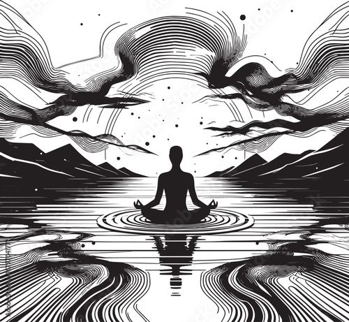 Serene black and white illustration of meditation and tranquility in a scenic landscape