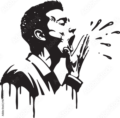 Expressive man in monochromatic sketch loudly yawning with hand