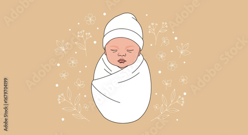 Delicate Newborn Wrapped Peacefully within Floral Embellishments on Soft Beige Background