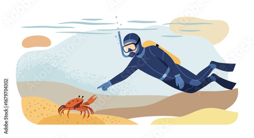 Diver Interacts With Crab Underwater In A Stylized Marine Environment Illustration