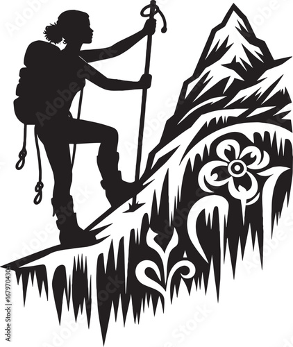 Silhouette of a Female Hiker Climbing a Mountain, Adventure and Exploration Concept
