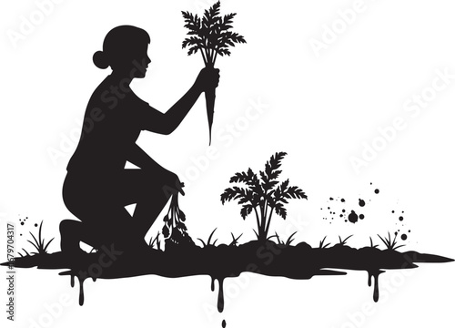 Silhouette of a female gardener harvesting carrots in a whimsica