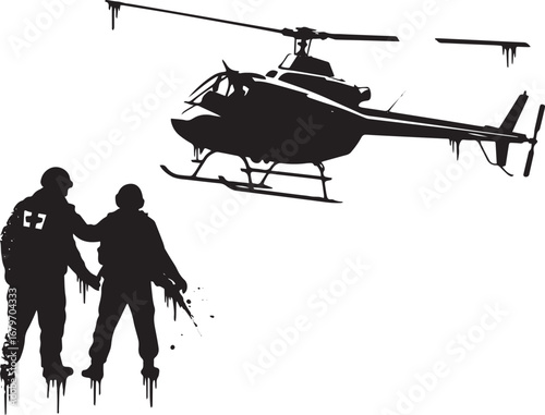 Silhouette depiction of medical evacuation with helicopter suppo