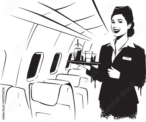 Stylish air hostess in an aircraft cabin offering inflight refre