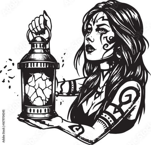 Enchantress with glowing lantern offering mystical eerie light c