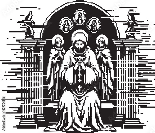 Black and white religious artwork depicting saints, apostles, and architectural elements