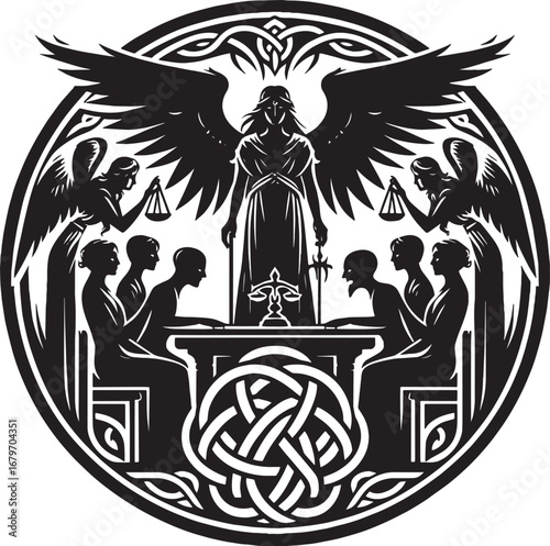 Intricate Illustration of Justice Depicted by Angels, Judge, and Jury in a Circular Composition