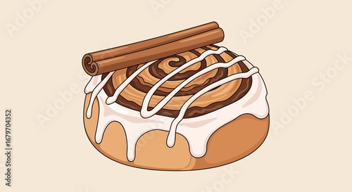 Delicious and Detailed Illustration of a Cinnamon Roll with Icing and Cinnamon Sticks