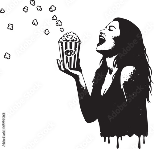 Expressive woman throwing popcorn in black and white for enterta