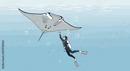 Diver Interacts With Majestic Manta Ray Underwater Observing Marine Life With A Unique Perspective