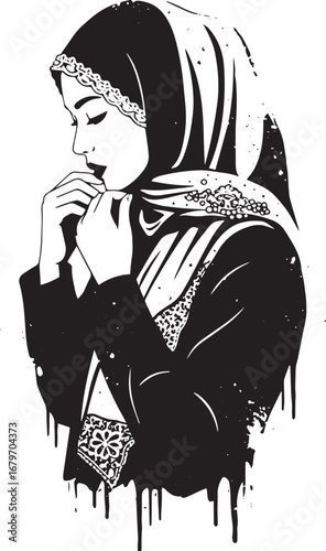 Monochrome depiction of a woman in hijab with dripping paint eff