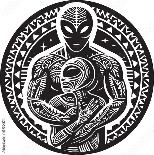 Intricate Alien Tribal Tattoo Design: A Black and White Illustration in a Circular Format