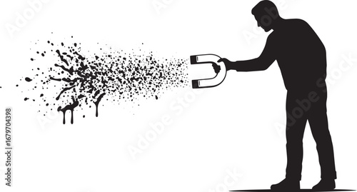 Conceptual illustration of a man using a magnet to attract parti