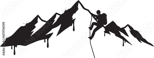 Silhouette illustration of a mountain climber scaling a peak wit