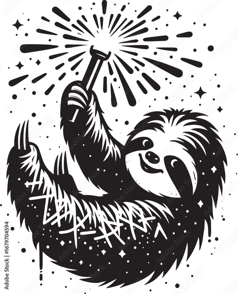 Fototapeta premium Whimsical Black and White Illustration of a Sloth Holding a Sparkler and Celebratory Fireworks
