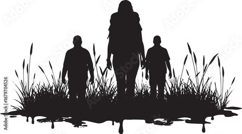Silhouette Trio: Adventurers Strolling Through a Grassy Wilderne