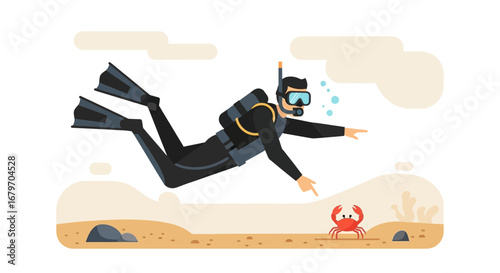 Diver Observing Crab Underwater, Illustrative Visual Depiction, Marine Life Exploration