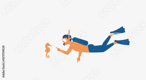 Diver Observing Seahorse In The Ocean Depths Amidst Simplistic Artistic Composition Indeed