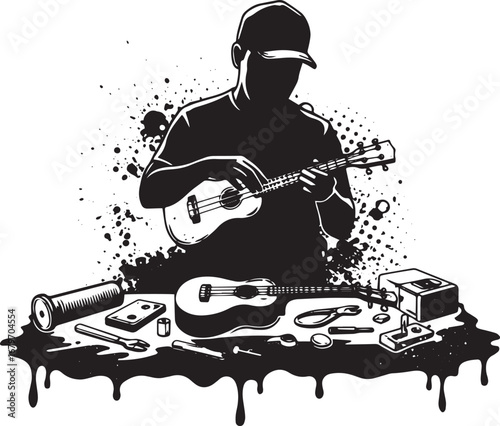 Silhouette of a craftsman repairing ukulele on a table with tool